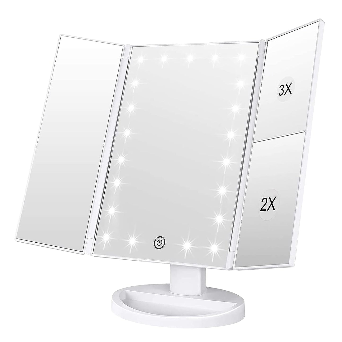 WEILY Tabletop Mount Makeup Mirror with 21 LED Lights,Two Power Supply, Touch Screen and 1x/2x/3x Magnification Tri-Fold Vanity Mirror , Gift for Women(White)