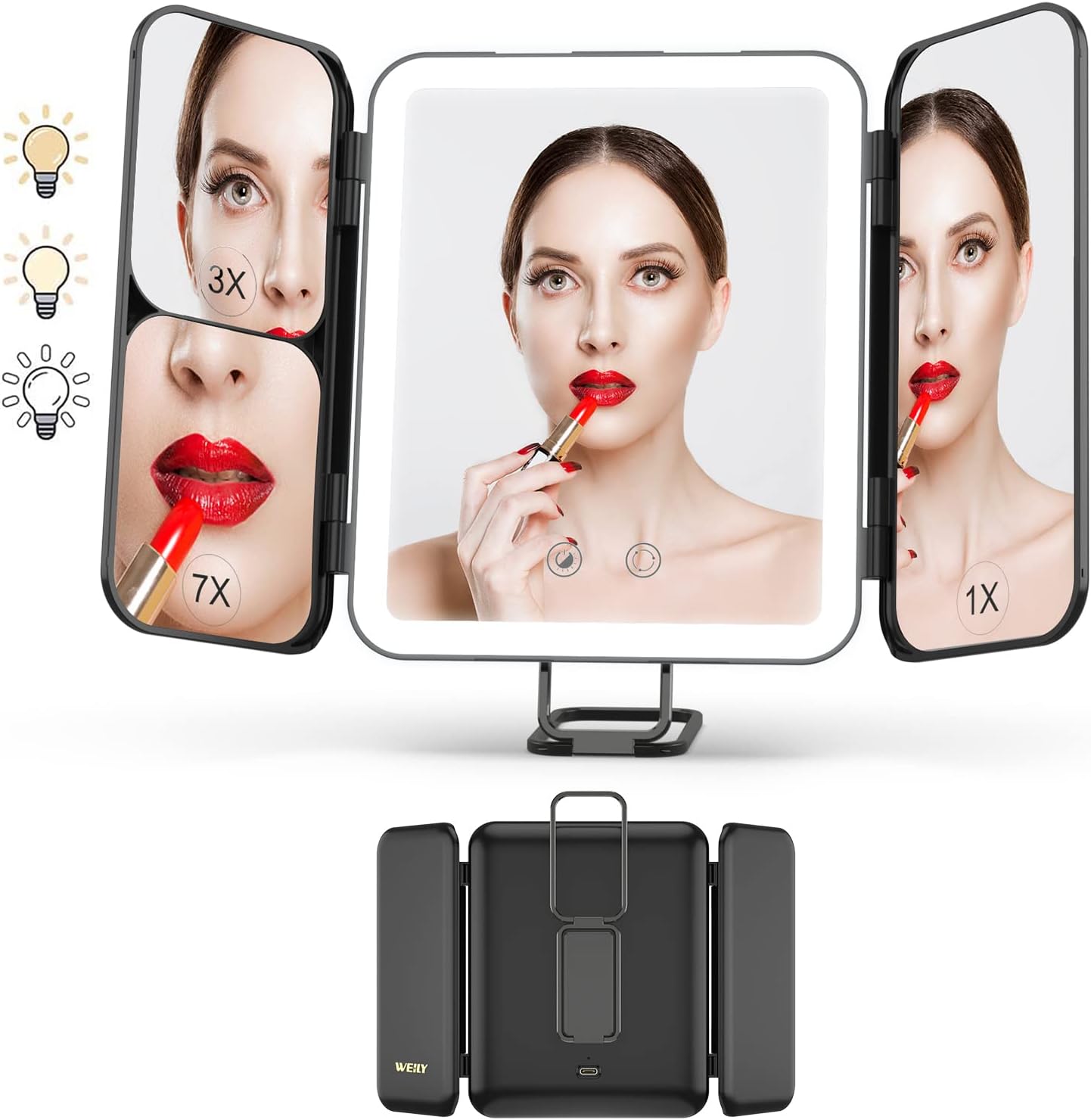 WEILY Portable Travel Makeup Mirror with Lights, 1X 3X 7X Magnification, Touch Control,Three Colors Dimmable Trifold Makeup Mirror