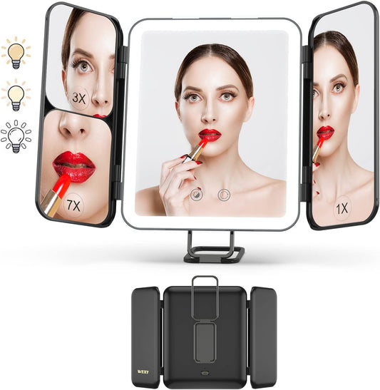 WEILY Portable Travel Makeup Mirror with Lights, 1X 3X 7X Magnification, Touch Control,Three Colors Dimmable Trifold Makeup Mirror