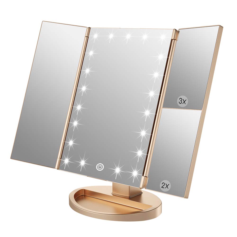 WEILY Tabletop Mount Makeup Mirror with 21 LED Lights,Two Power Supply, Touch Screen and 1x/2x/3x Magnification Tri-Fold Vanity Mirror , Gift for Women(White)