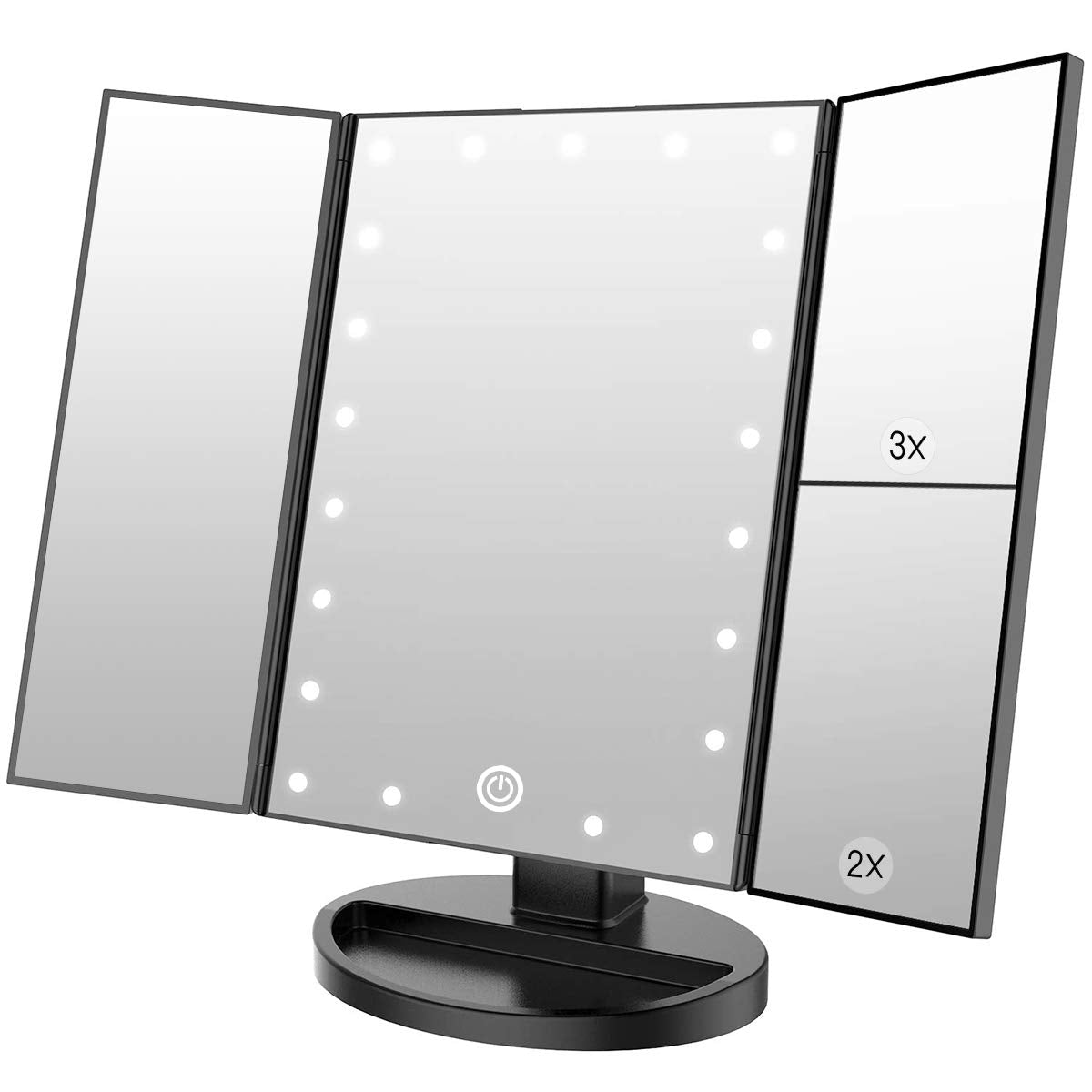 WEILY Tabletop Mount Makeup Mirror with 21 LED Lights,Two Power Supply, Touch Screen and 1x/2x/3x Magnification Tri-Fold Vanity Mirror , Gift for Women(White)