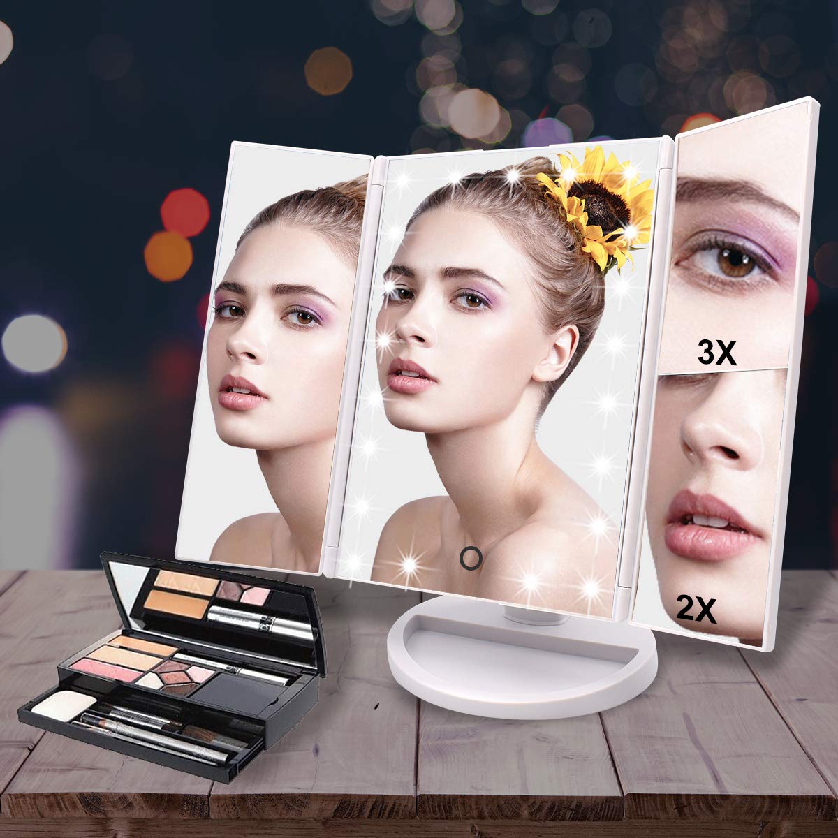 WEILY Tabletop Mount Makeup Mirror with 21 LED Lights,Two Power Supply, Touch Screen and 1x/2x/3x Magnification Tri-Fold Vanity Mirror , Gift for Women(White)