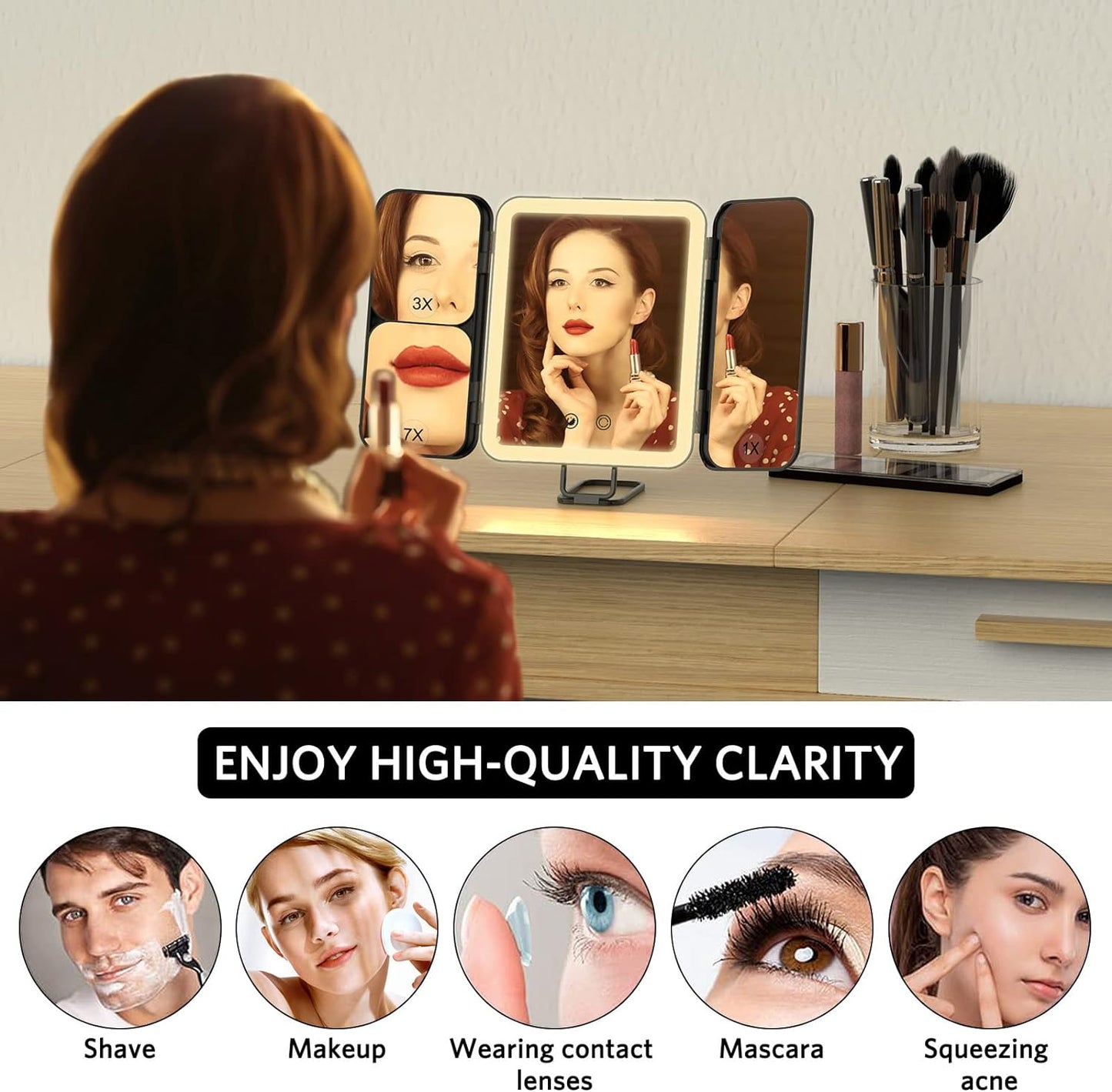 WEILY Portable Travel Makeup Mirror with Lights, 1X 3X 7X Magnification, Touch Control,Three Colors Dimmable Trifold Makeup Mirror