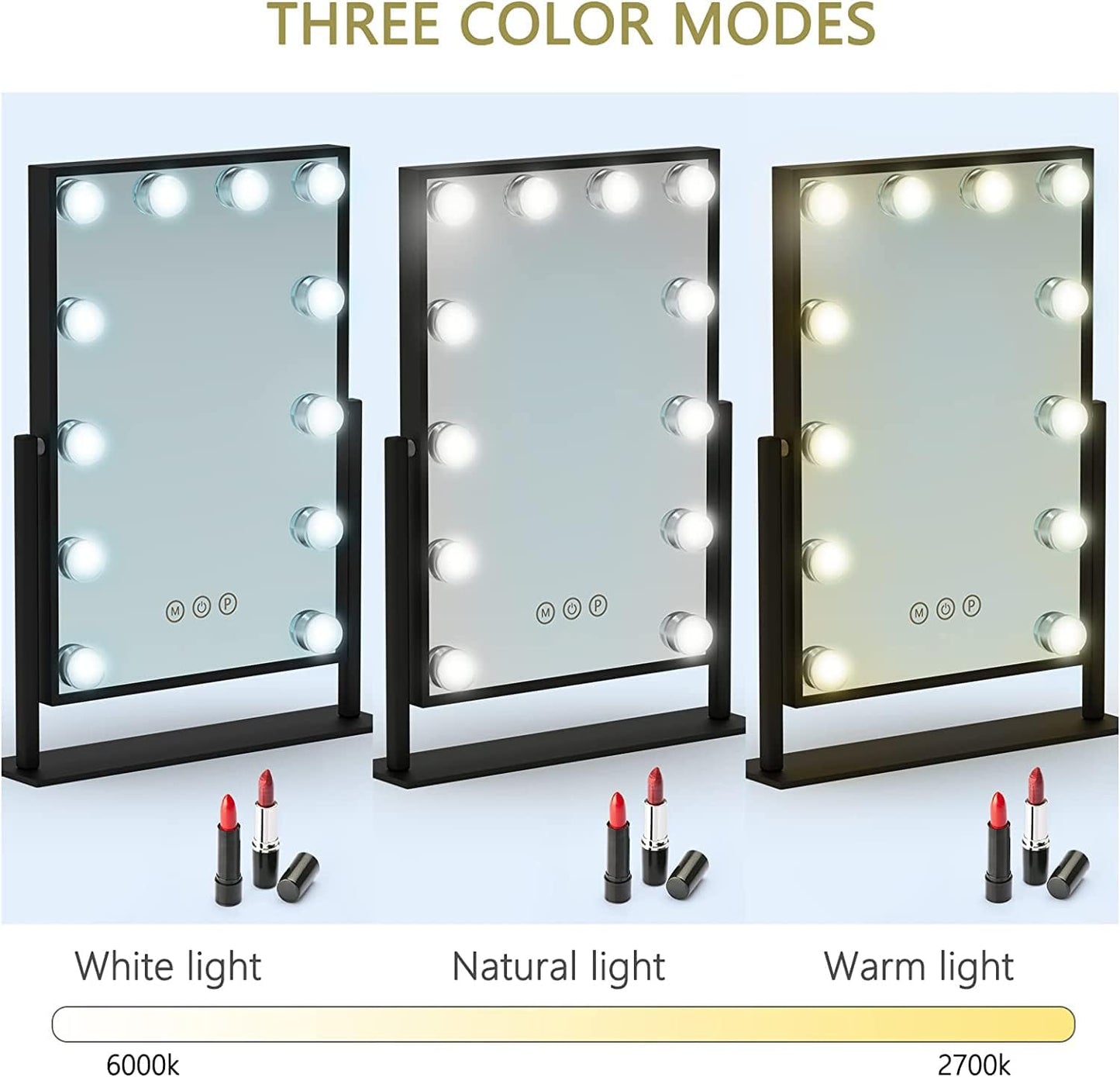 WEILY Hollywood Makeup Mirror with Lights,Large Lighted Vanity Mirror with 3 Color Light & 12 Dimmable Led Bulbs,Smart Lighted Touch Control Screen & 360 Degree Rotation