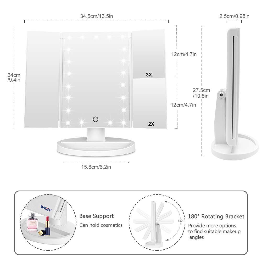 WEILY Tabletop Mount Makeup Mirror with 21 LED Lights,Two Power Supply, Touch Screen and 1x/2x/3x Magnification Tri-Fold Vanity Mirror , Gift for Women(White)