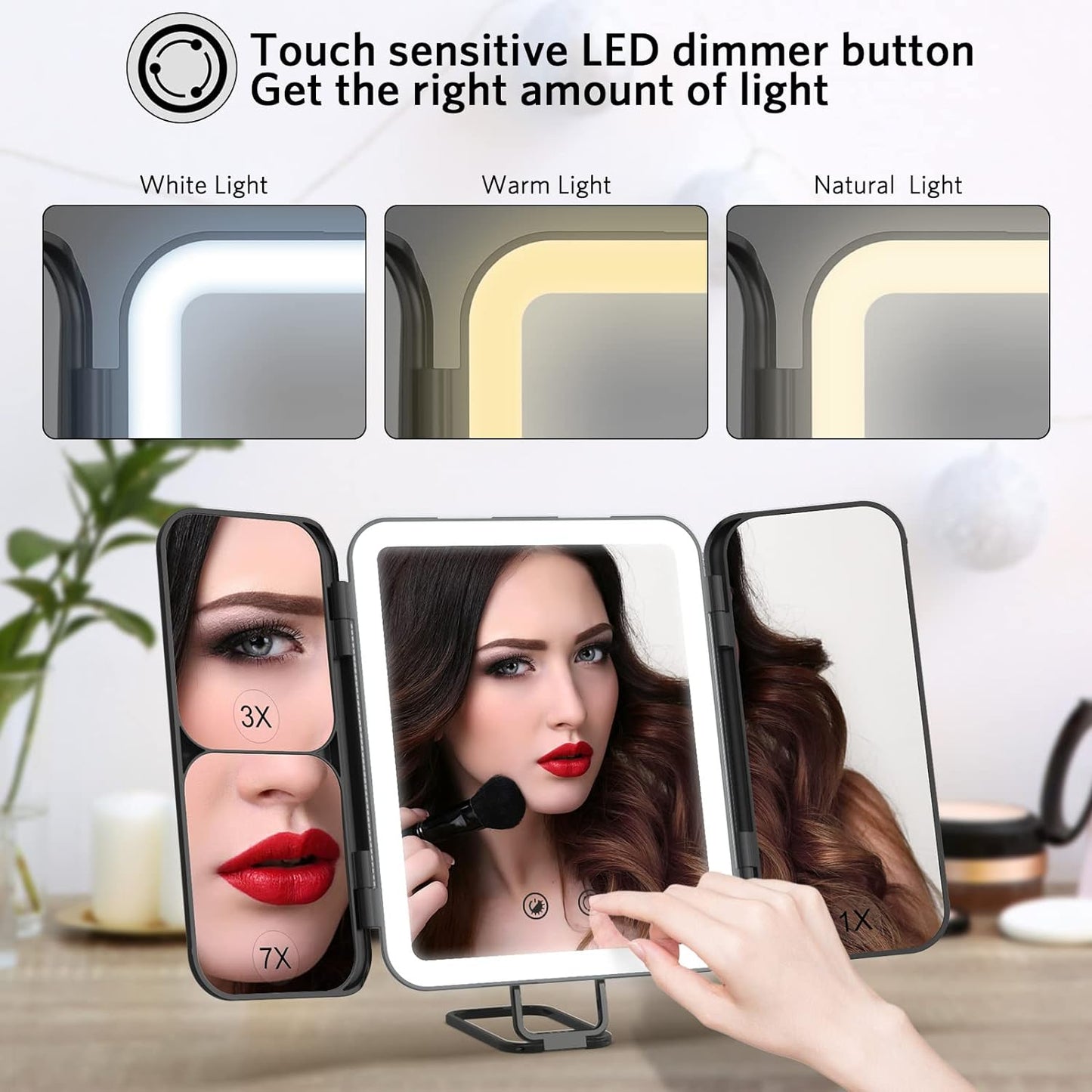 WEILY Portable Travel Makeup Mirror with Lights, 1X 3X 7X Magnification, Touch Control,Three Colors Dimmable Trifold Makeup Mirror