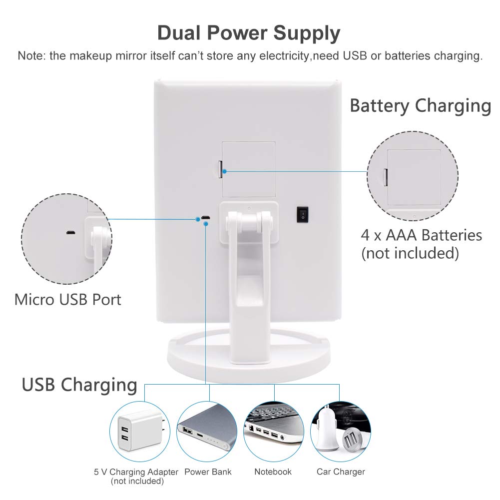 WEILY Tabletop Mount Makeup Mirror with 21 LED Lights,Two Power Supply, Touch Screen and 1x/2x/3x Magnification Tri-Fold Vanity Mirror , Gift for Women(White)