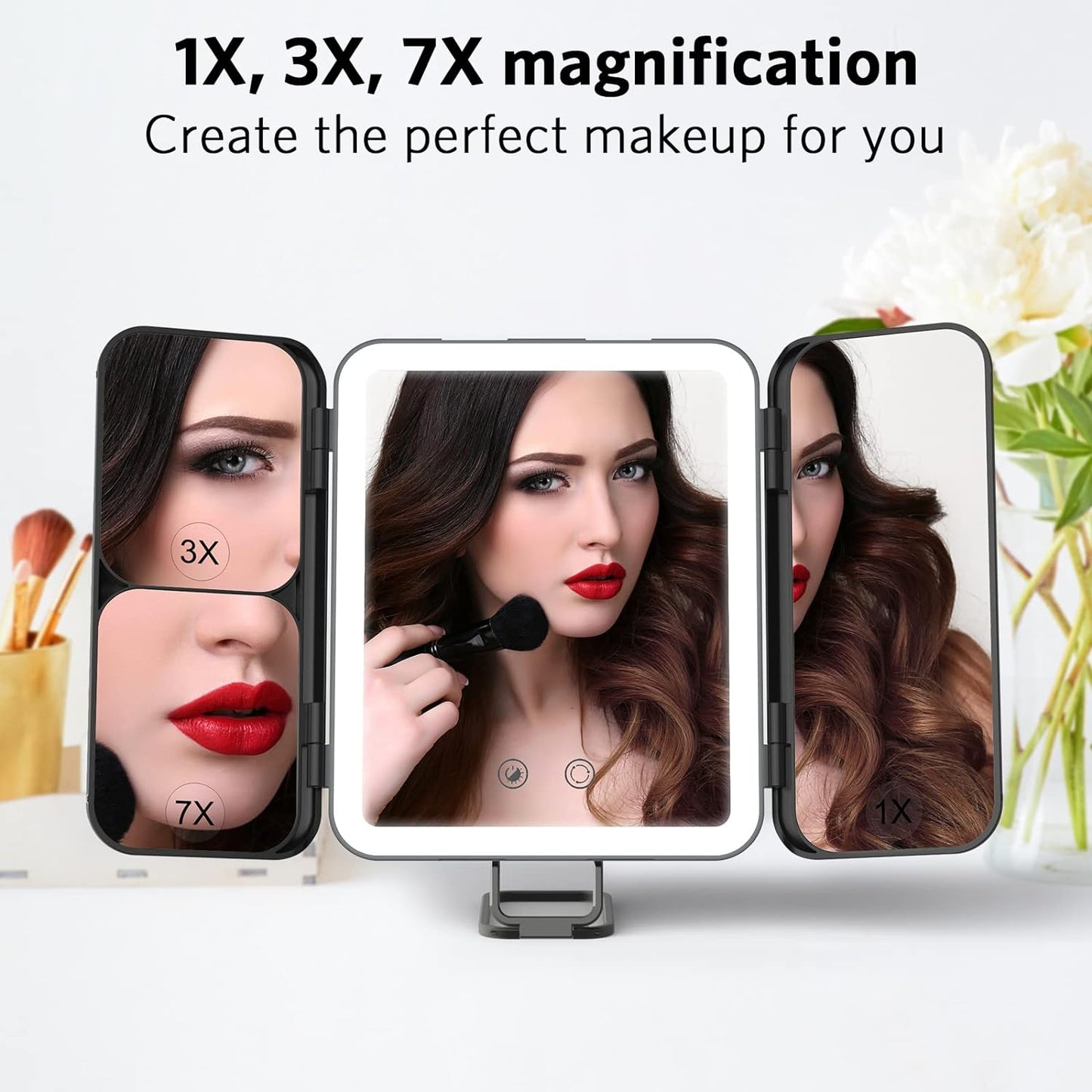 WEILY Portable Travel Makeup Mirror with Lights, 1X 3X 7X Magnification, Touch Control,Three Colors Dimmable Trifold Makeup Mirror